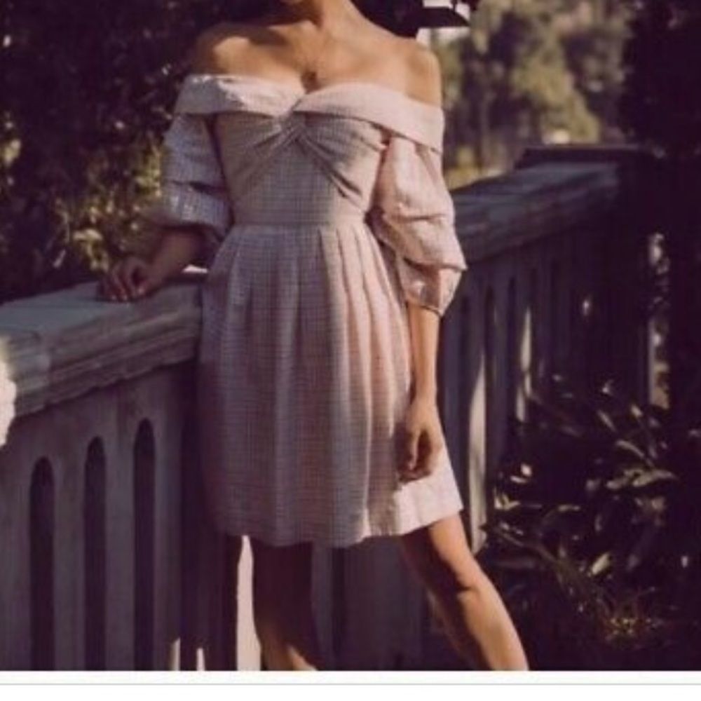 Chriselle x JOA Off Shoulder Tiered Sleeve Mini Dress Blush Size M